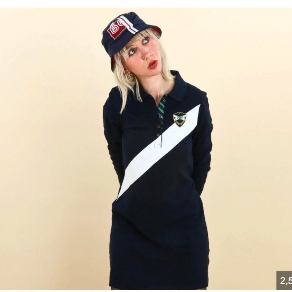 Ralph Lauren Polo Maxi Navy Long Sleeve Maxi Wool Cotton Banner Crest Dress M - Picture 6 of 9